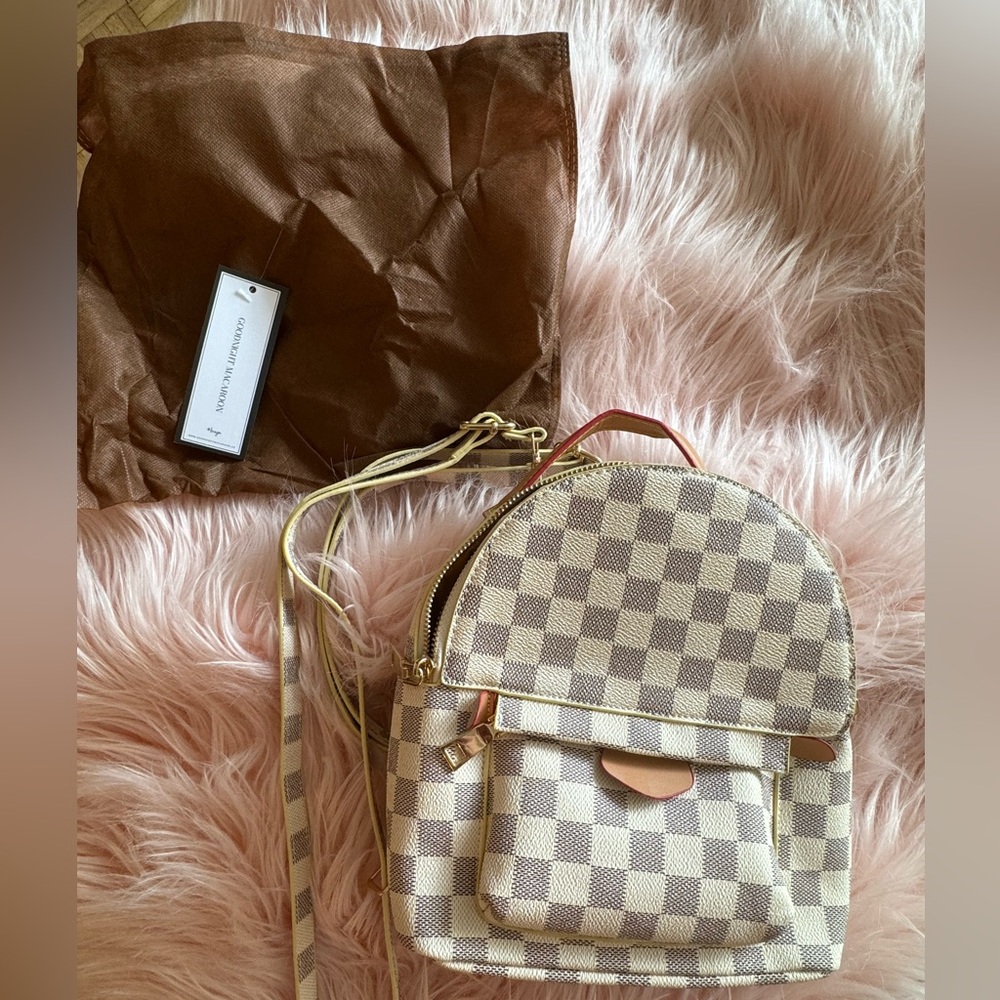 Goodnight Macaroon Cream/ Grey Check canvas mini backpack. NWT + dust bag